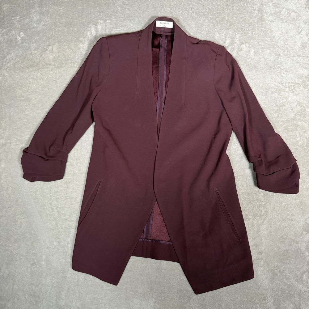 Aritzia Babaton Power Blazer Womens 4 Burgundy Wine Ruched Sleeve Open Front